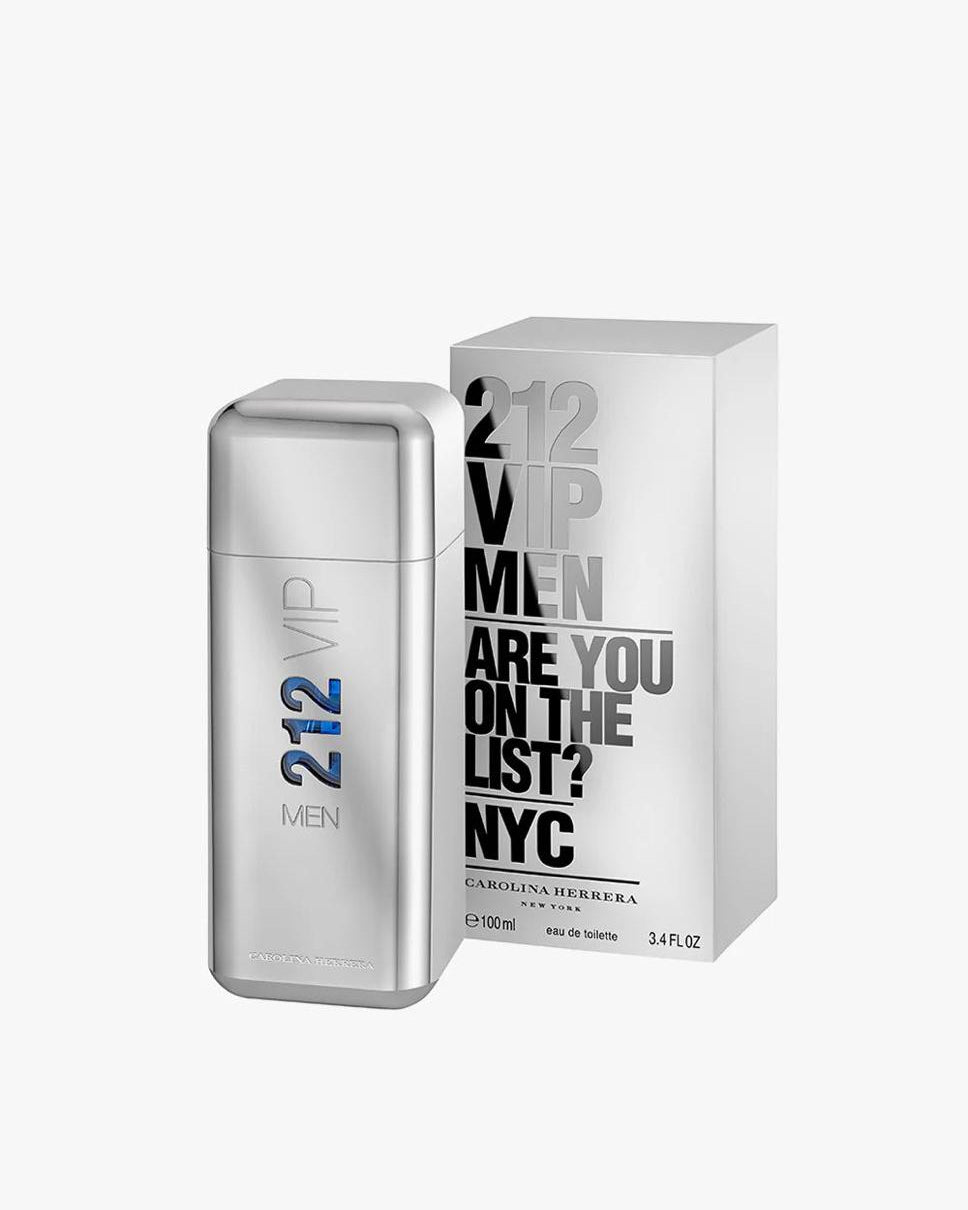 212 VIP Men perfume bottle and packaging on a white background