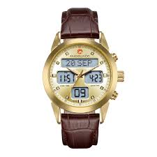 Gold digital watch with brown leather strap on a white background now available in Rwanda kigali (kigaliprestigevault.com)