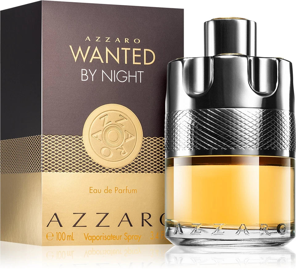 Azzaro Wanted by Night perfume bottle and packaging on a white background