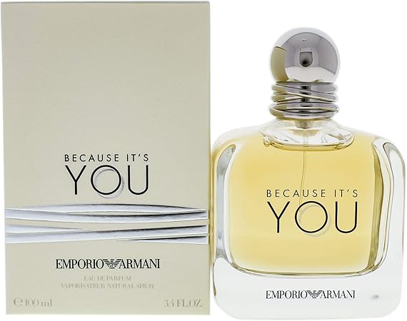 Emporio Armani perfume bottle and packaging with 'Because It's You' text.