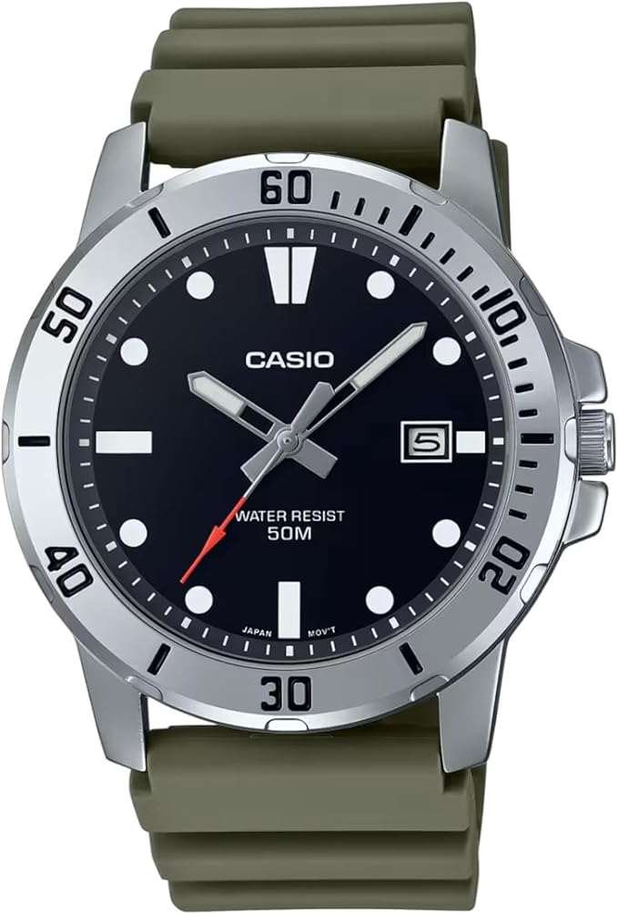 Casio watch with black dial and green strap on a white background now Available in Rwanda (kigaliprestigevault)
