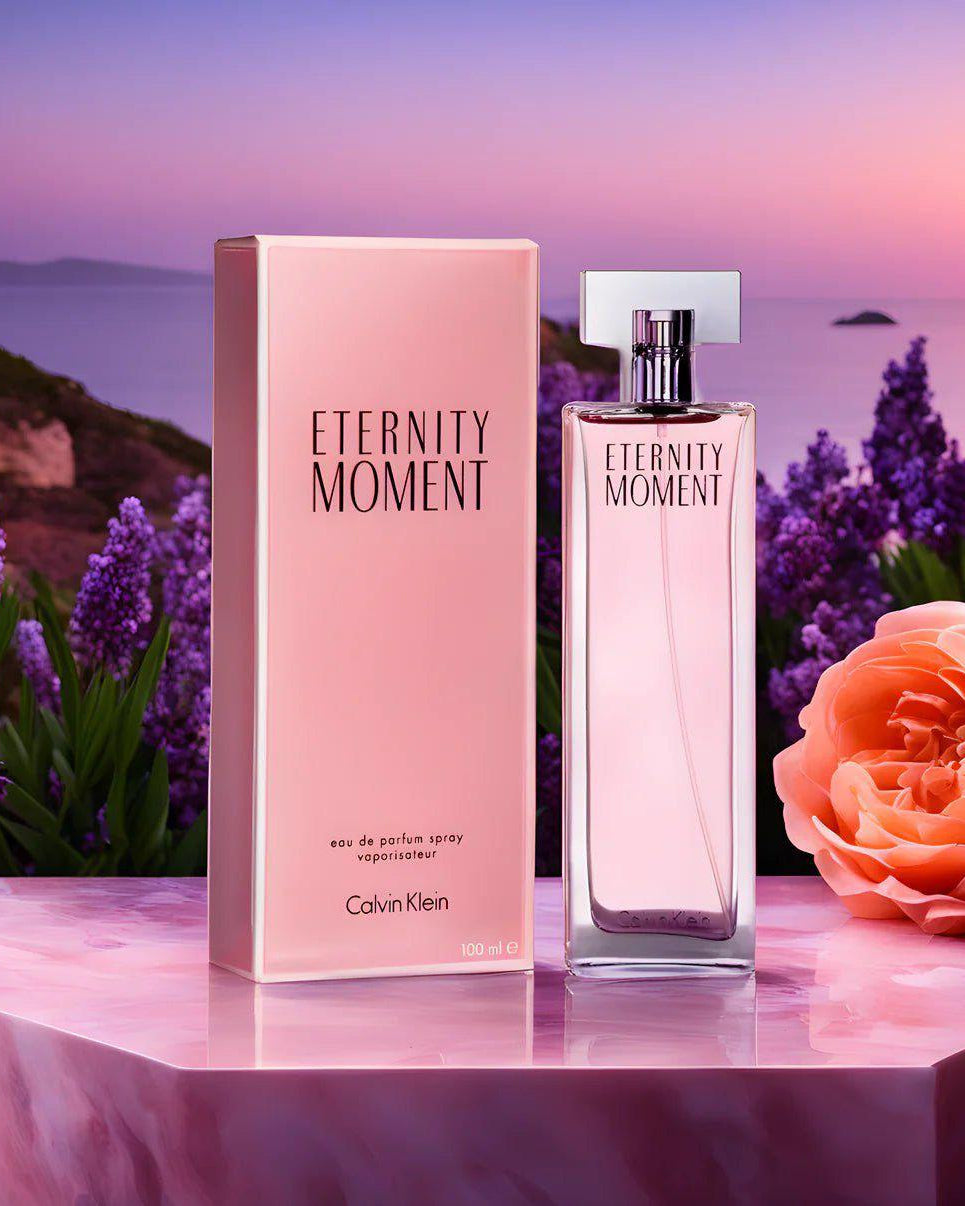 Calvin Klein Eternity Moment perfume bottle and packaging with a scenic background