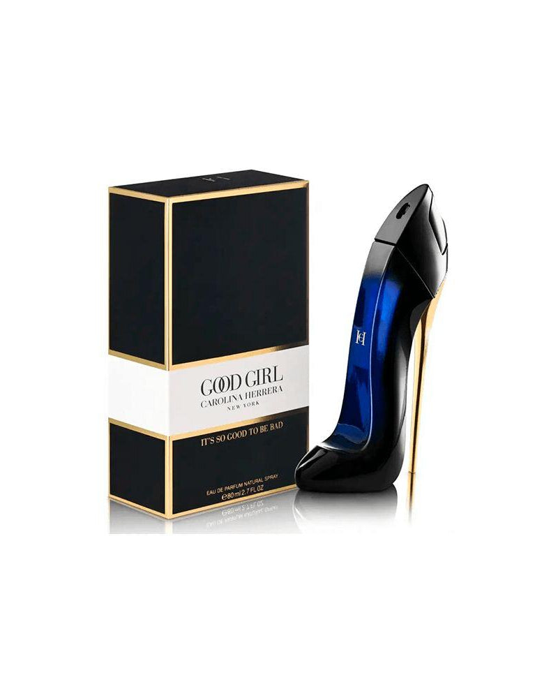 Perfume bottle and packaging of 'Good Girl' by Carolina Herrera on a white background