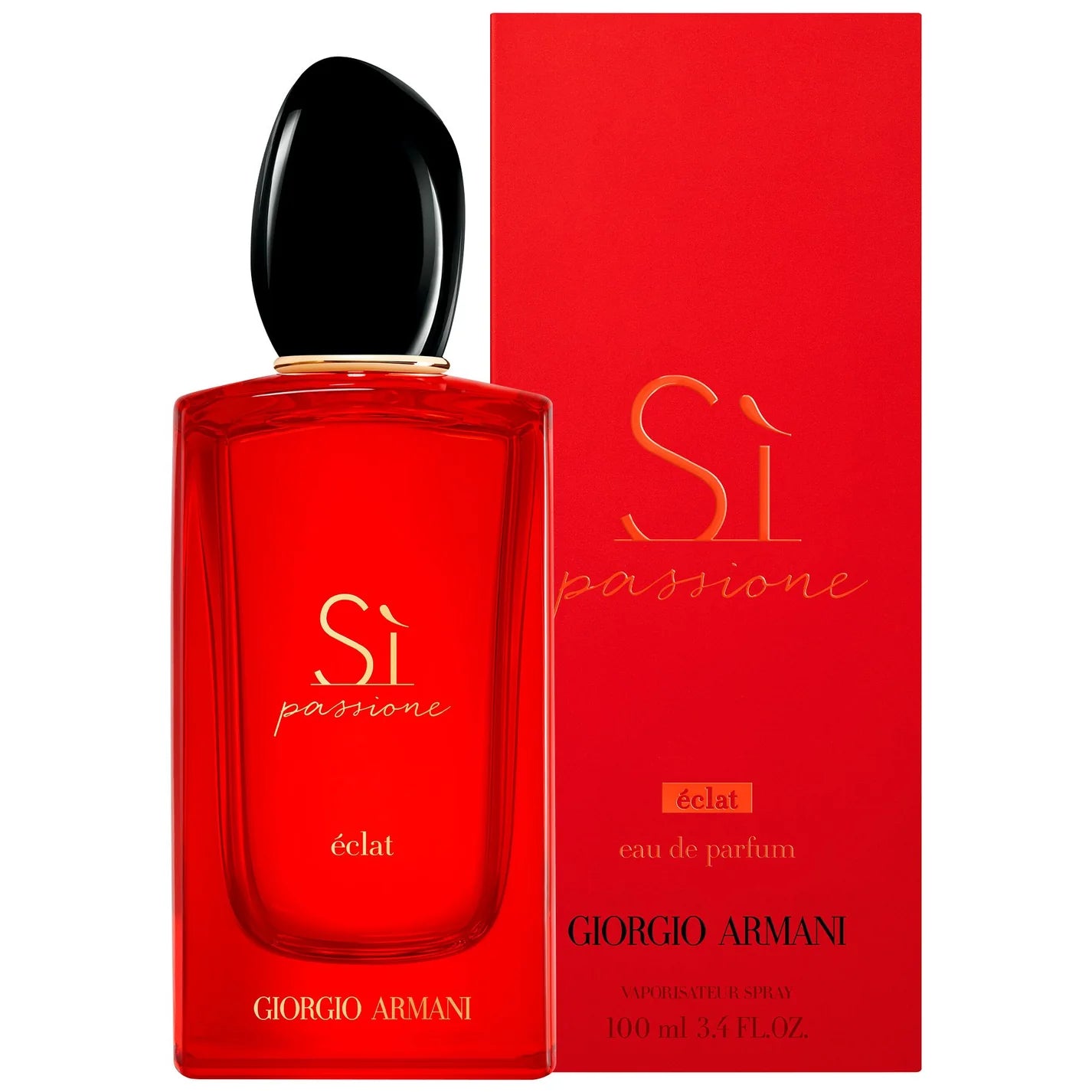 Red Giorgio Armani Si Passione éclat perfume bottle and packaging on a white background
