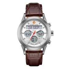 Silver watch with brown leather strap on a white background now available in Rwanda kigali ()kigaliprestigevault.com