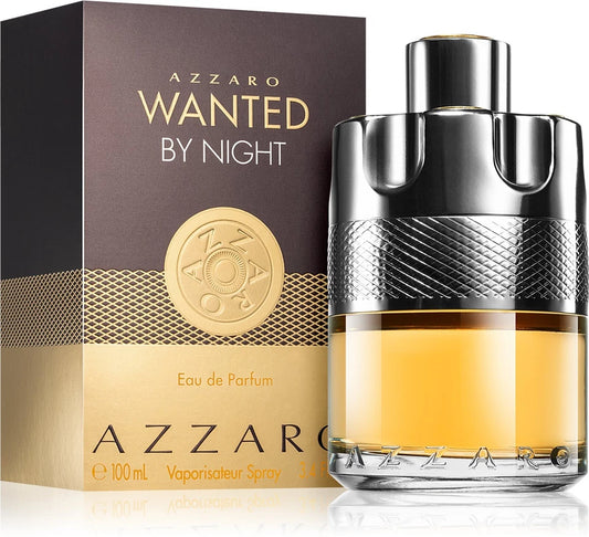Azzaro Wanted by Night perfume bottle and packaging on a white background