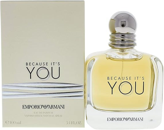 Emporio Armani perfume bottle and packaging with 'Because It's You' text.