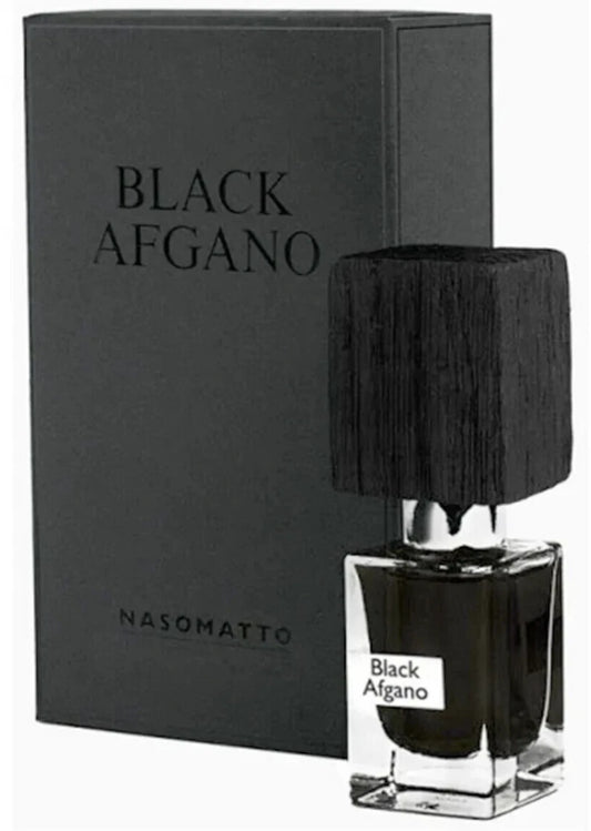 Black Afgano perfume bottle and packaging by Nasomatto on a white background