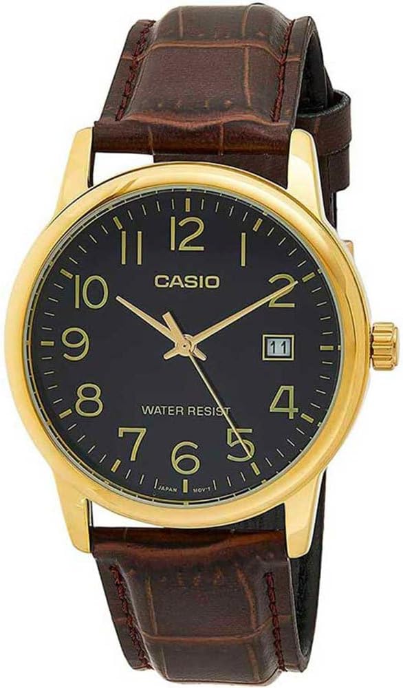 Casio watch with brown leather strap and gold casing on a white  now available in Rwanda (kigaliprestigevault) background