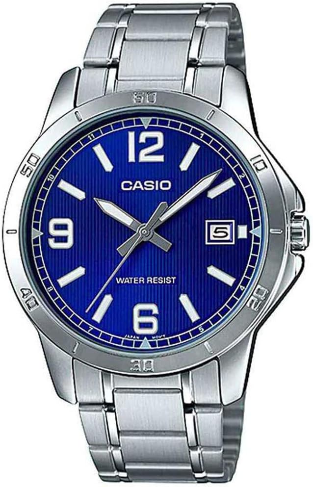 Casio watch with blue dial and silver metal strap on a white background kigali prestige vault