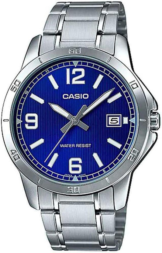 Casio watch with blue dial and silver metal strap on a white background kigali prestige vault