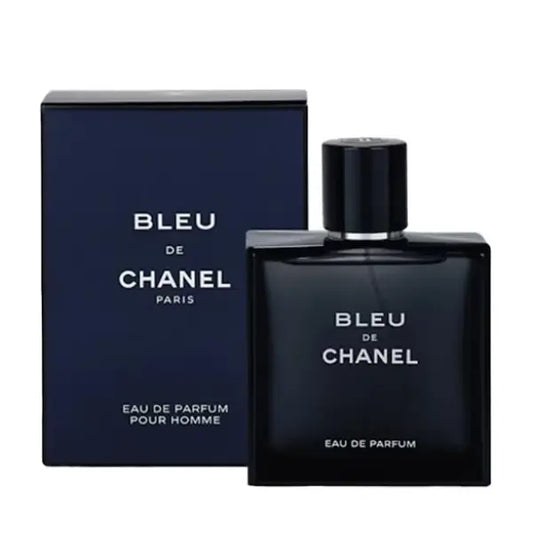 Bleu de Chanel Eau de Parfum bottle and packaging on a white background