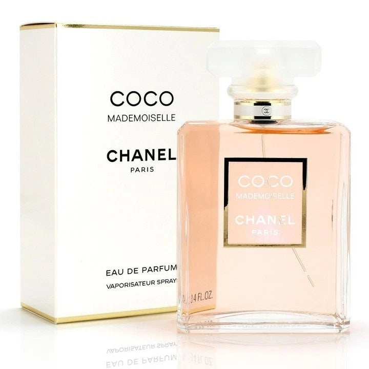 Chanel Coco Mademoiselle perfume bottle and packaging on a white background