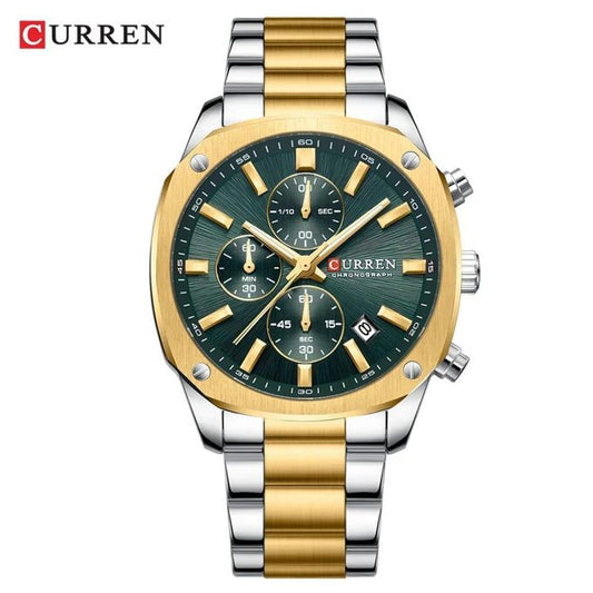 Curren watch with gold and silver band on a white background