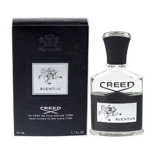 Creed Aventus perfume bottle and packaging on a white background