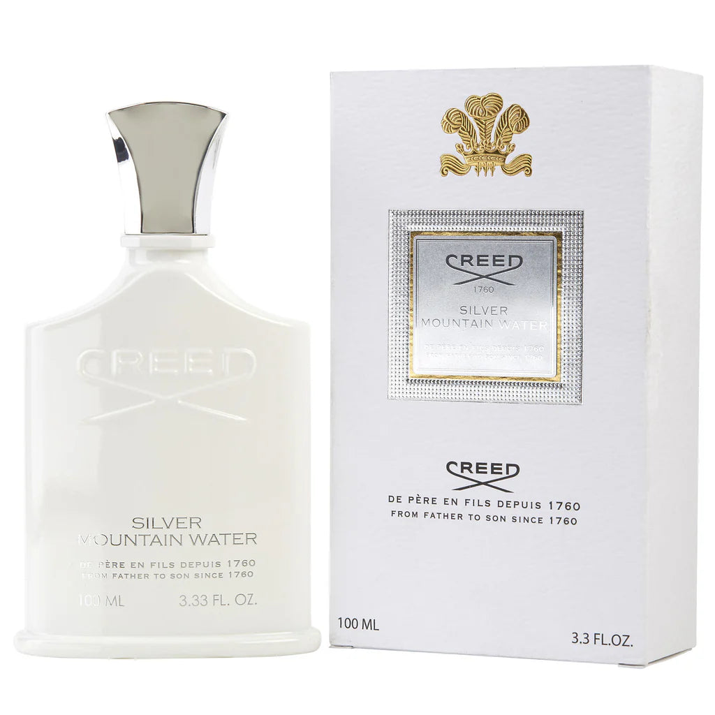 Creed Silver Mountain Water perfume bottle and packaging on a white background