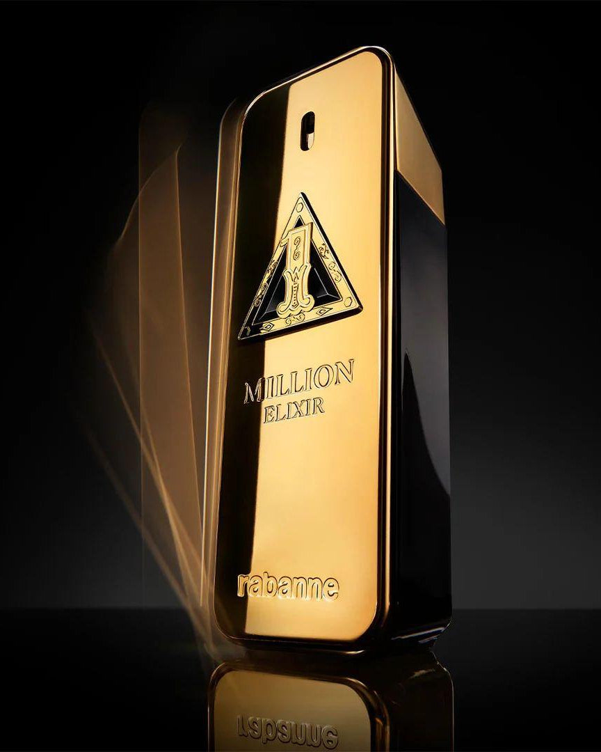 Gold perfume bottle labeled 'Milion Elixir' on a black background
