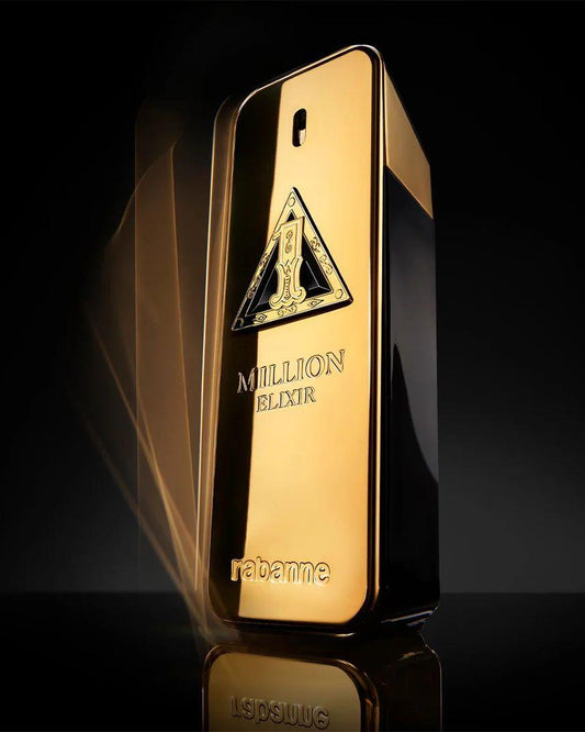 Gold perfume bottle labeled 'Milion Elixir' on a black background