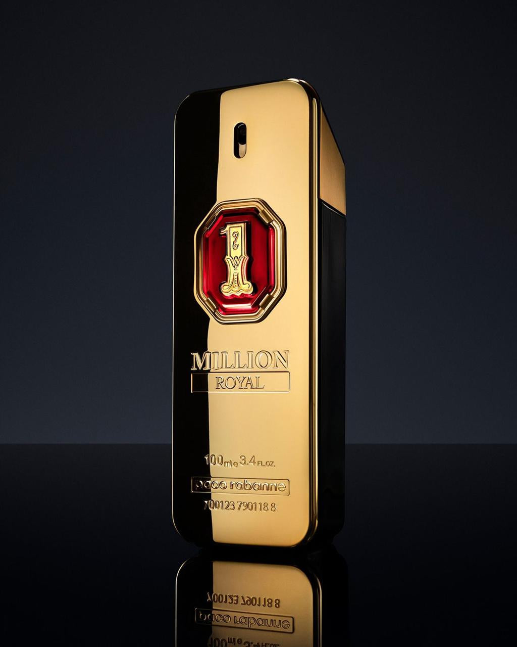 Gold and red perfume bottle with 'Milion Royal' branding on a black background